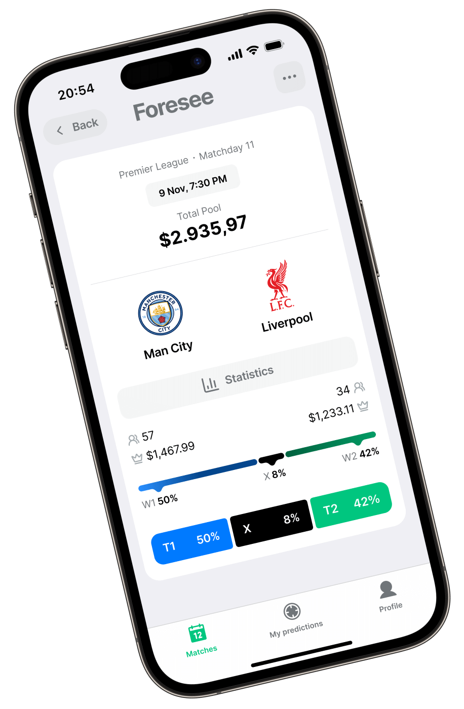 Foresee mobile app showing event prediction details on iPhone